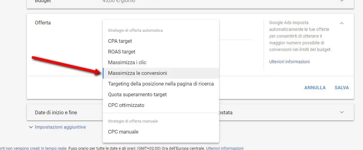 massimizza conversioni campagna google,massimizza conversioni,massimizza conversioni campagna