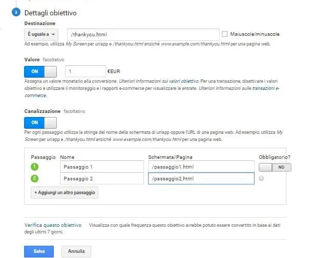 google analytics - dettagli obiettivo