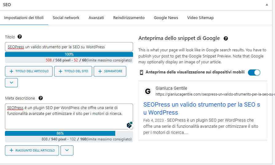 impostazioni seo su wordpress per scrivere il titolo e la descrizione seo