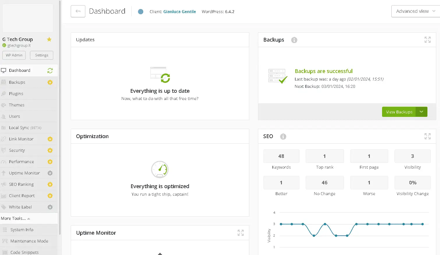 Interfaccia di gestione SEO e backup.