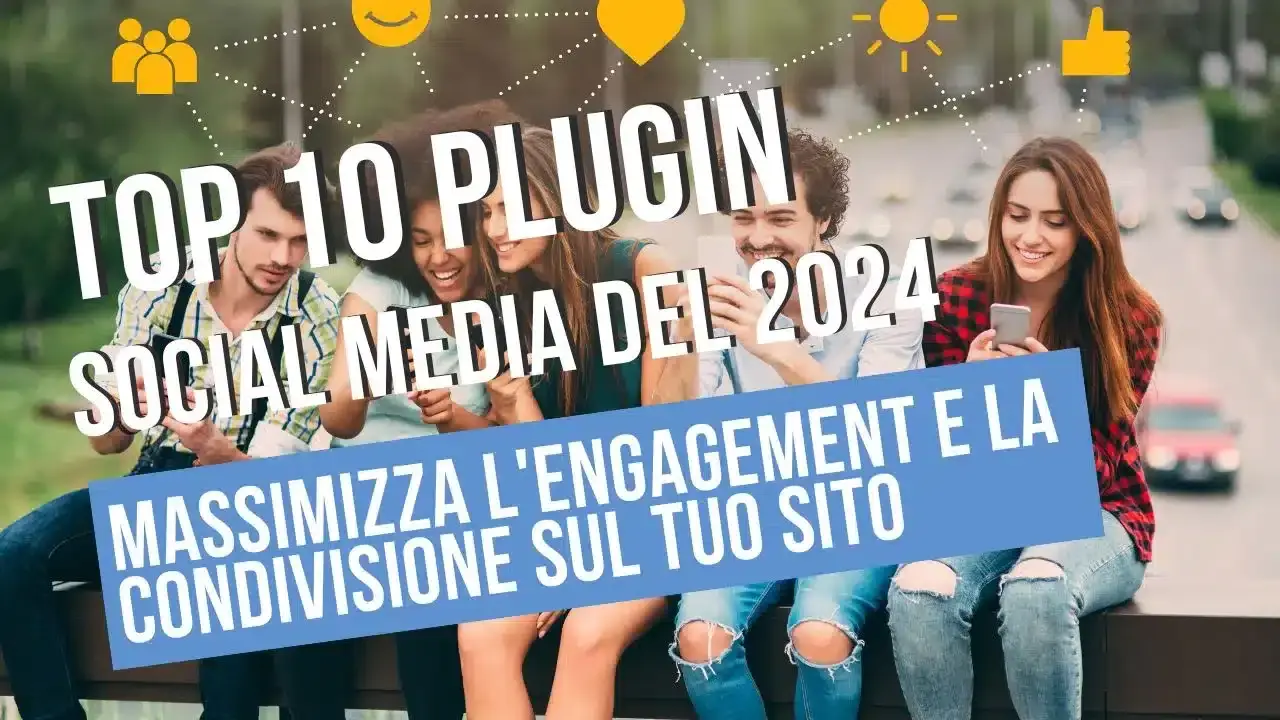 Giovani amici usano smartphone, pubblicità plugin social 2024.