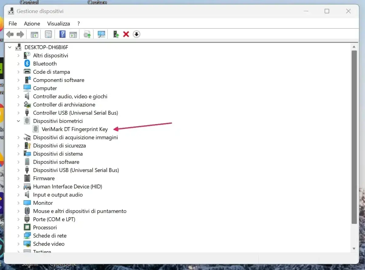 Schermata Gestione Dispositivi Windows con evidenza su biometrici.