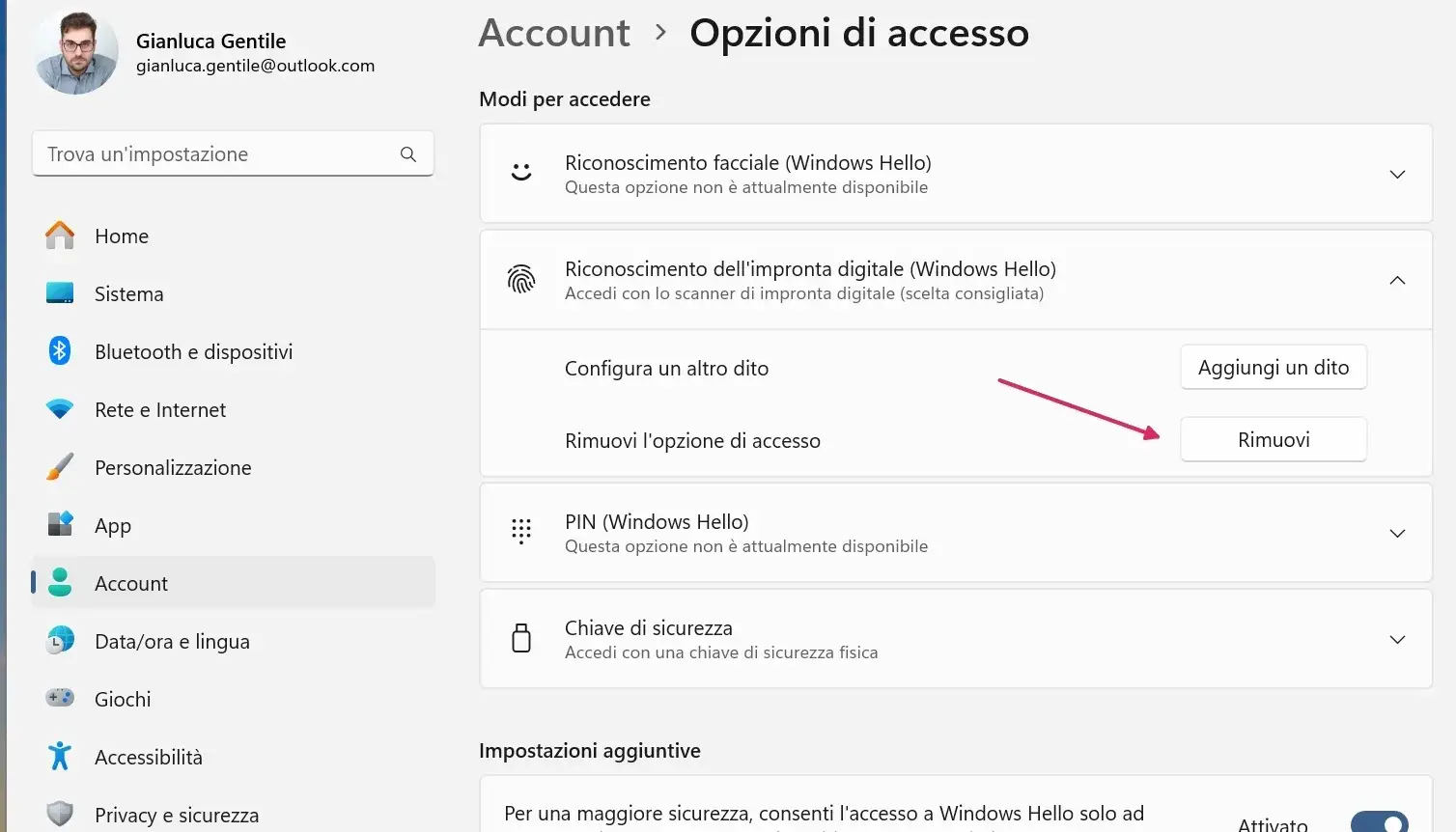Schermata impostazioni account Windows con opzioni accesso.