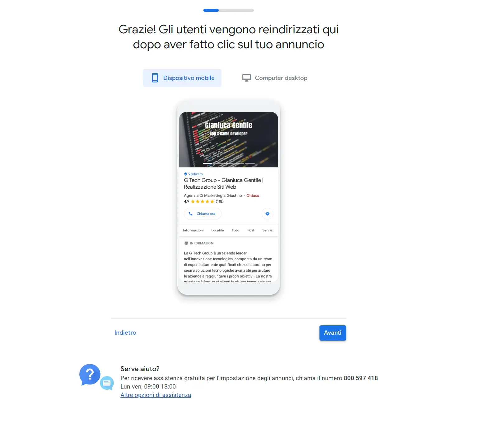 Pagina conferma reindirizzamento pubblicità online.