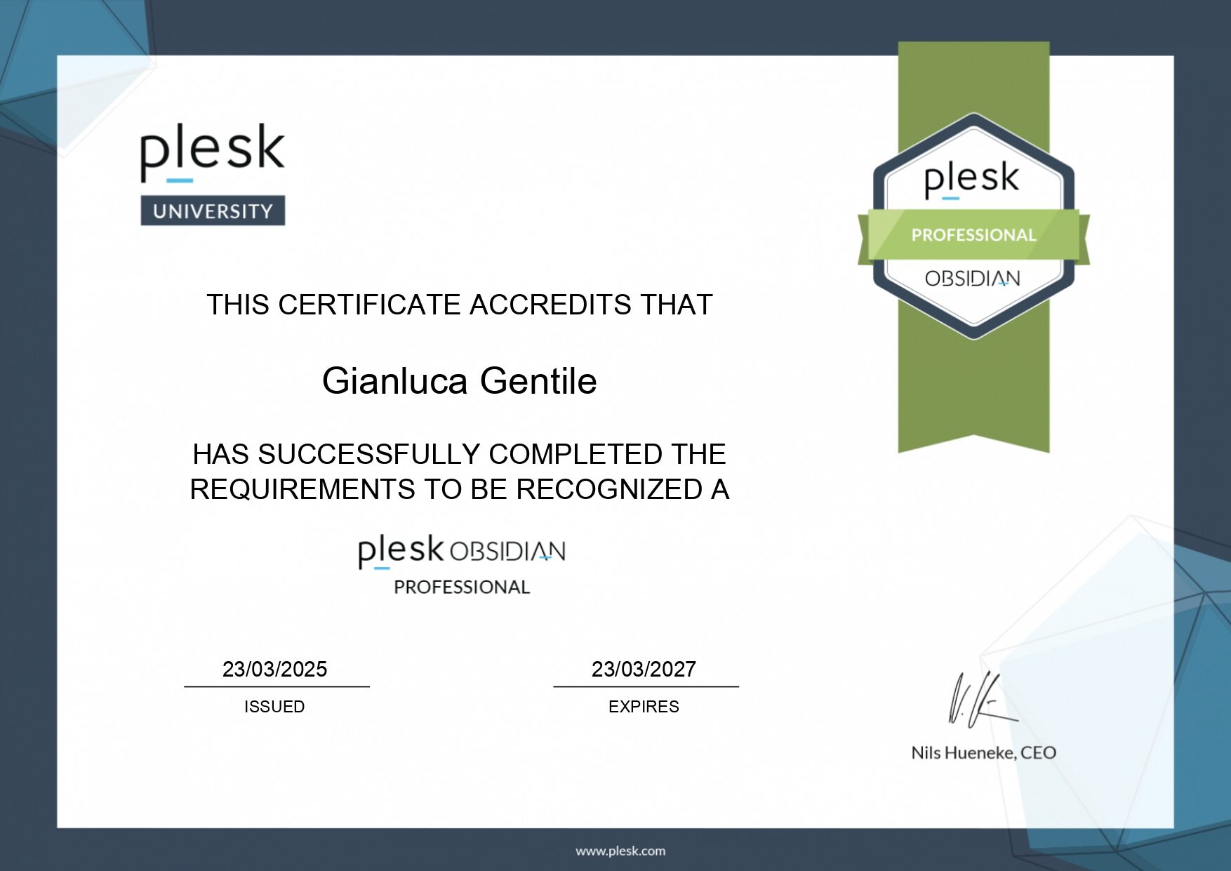 Certificato completamento corso Plesk Obsidian