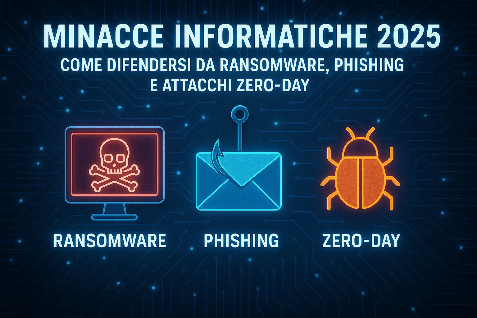 Minacce informatiche 2025: ransomware, phishing, zero-day.