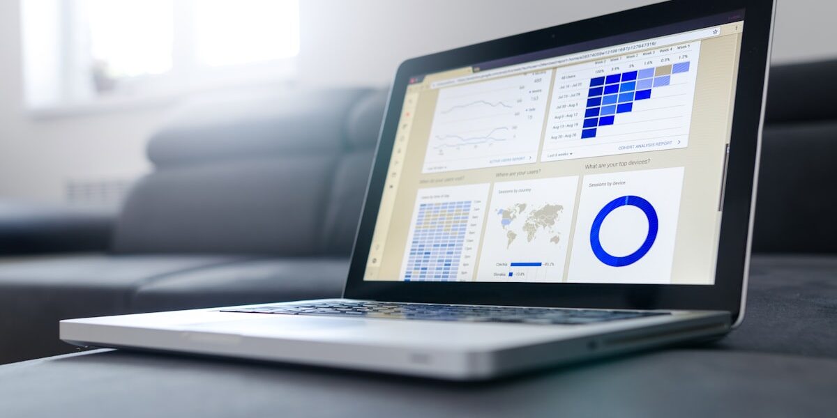Schermo laptop con grafici analitici e dati statistici