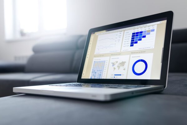 Schermo laptop con grafici analitici e dati statistici