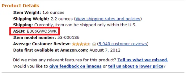 Ecco come si presente Asin di un prodotto nelle pagine di Amazon