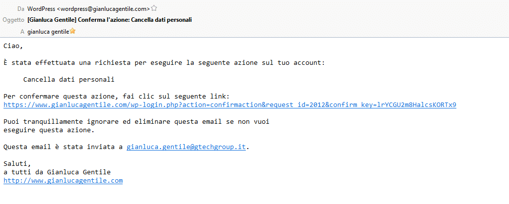 Email per la cancellazione dei dati personali in WordPress 4.9.6.
