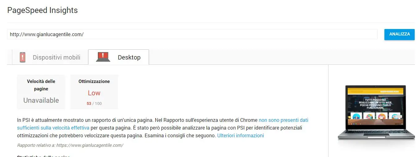 Come velocizzare WordPress, test del mio sito web su Pages Speed Insights di Google