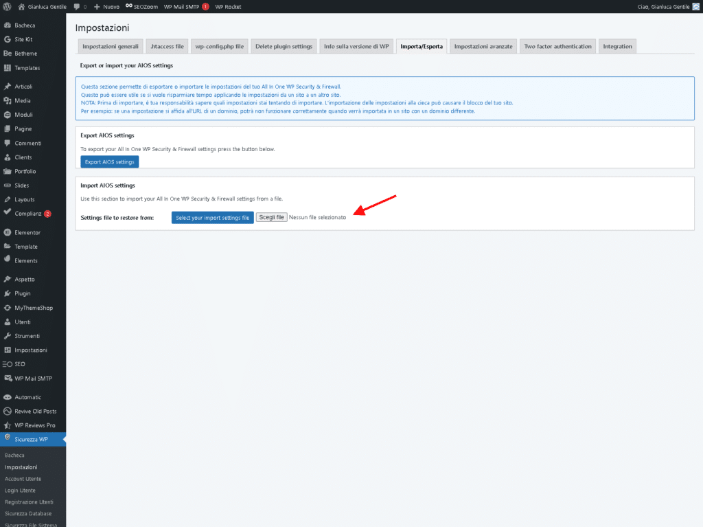 come caricare il file preimpostato per la migliore configurazione del plugin all in one wp security da gianluca gentile