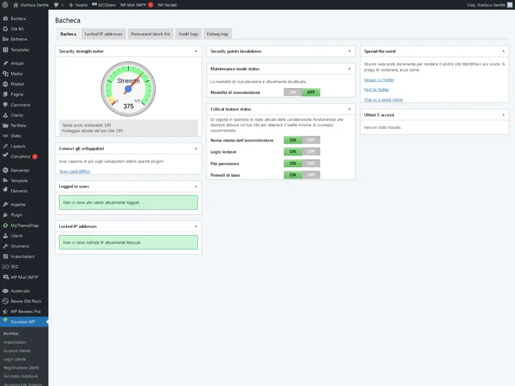 guida dettagliata alla dashboard di all in one wp security gianluca gentile
