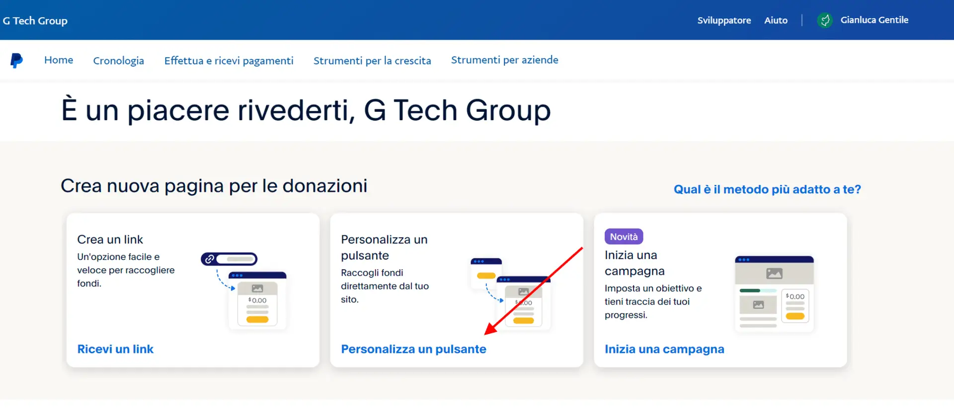 Interfaccia utente per donazioni online G Tech Group.