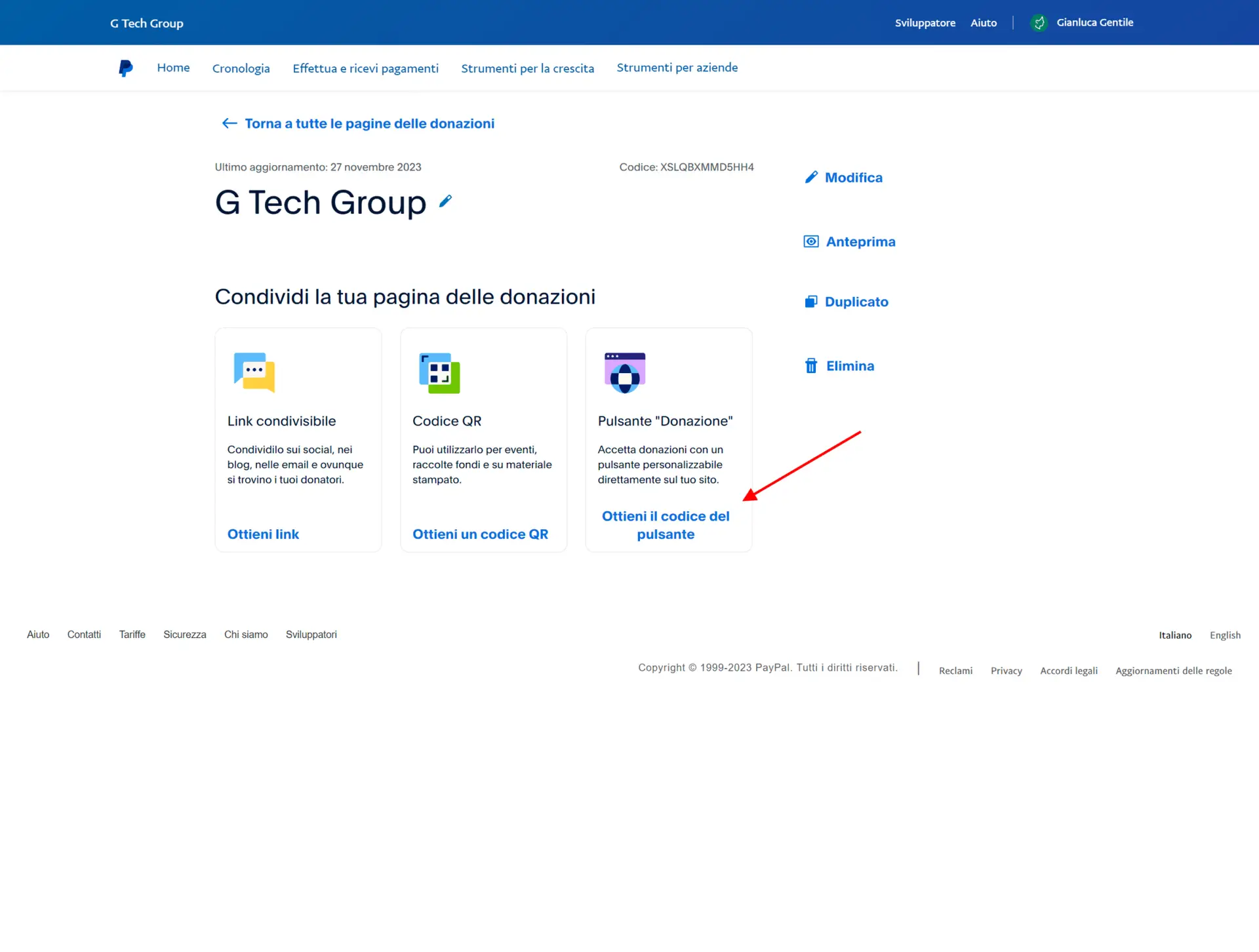 Interfaccia gestione donazioni online G Tech Group.