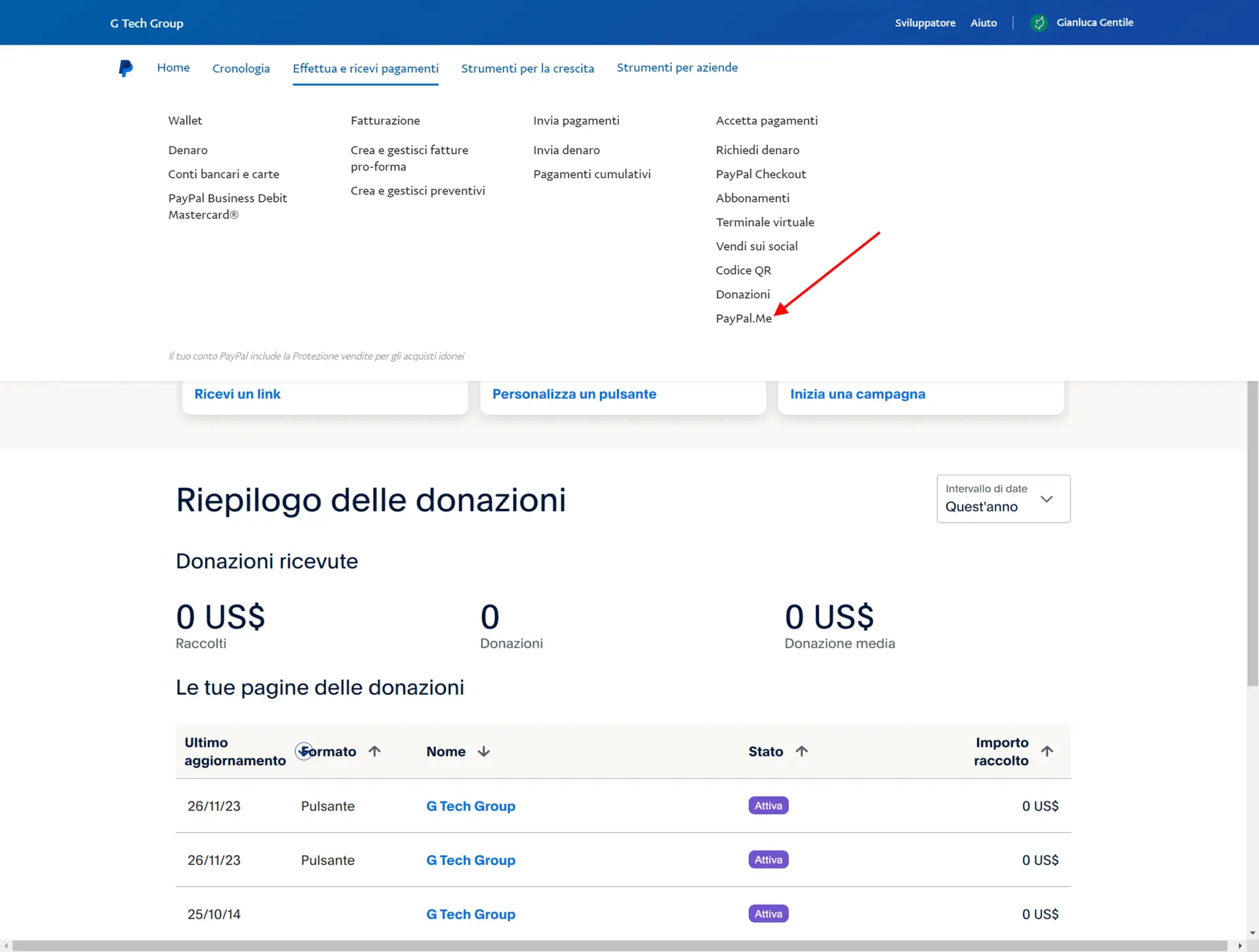 Interfaccia utente gestione donazioni PayPal.