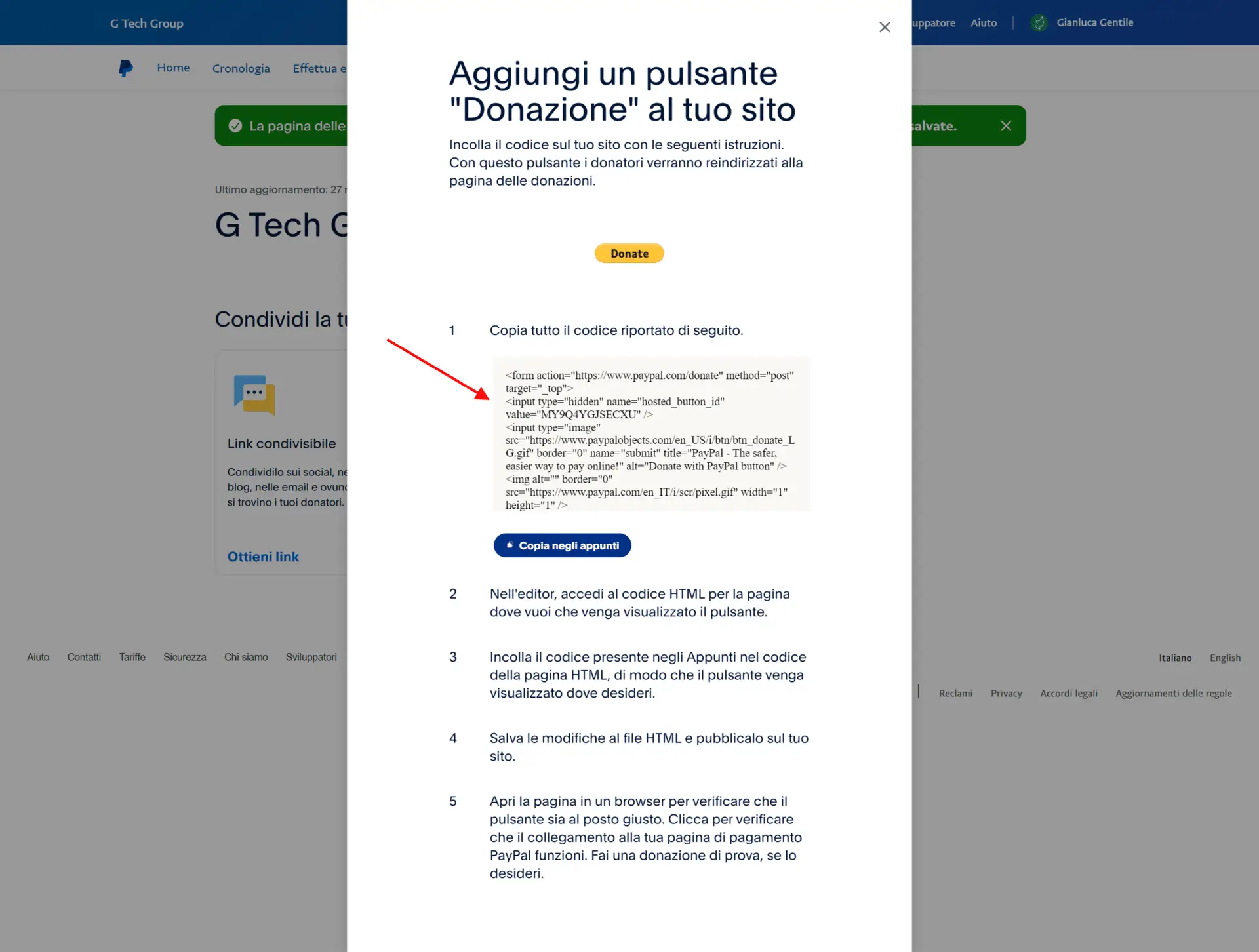 Istruzioni aggiunta pulsante donazione sito web.