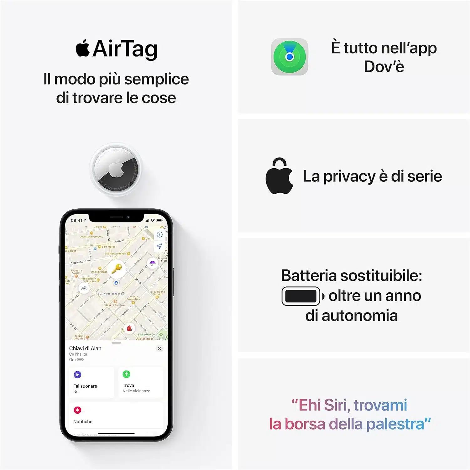 Localizzatore AirTag e interfaccia app su smartphone.