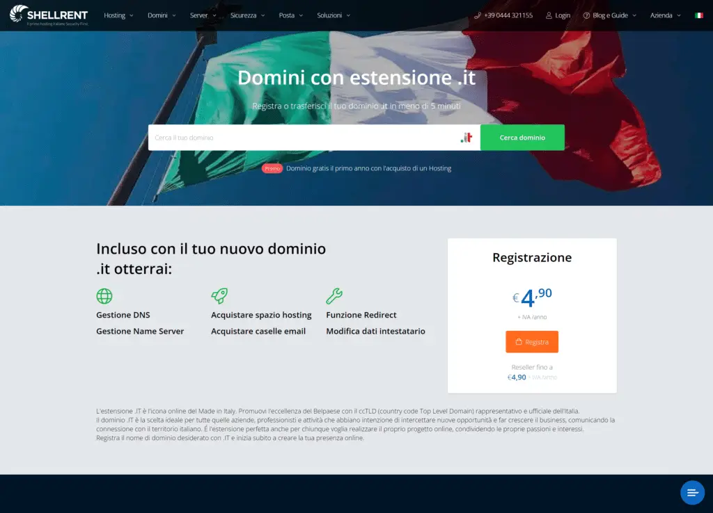 Sito web Shellrent per la registrazione di domini .it. nel 2024