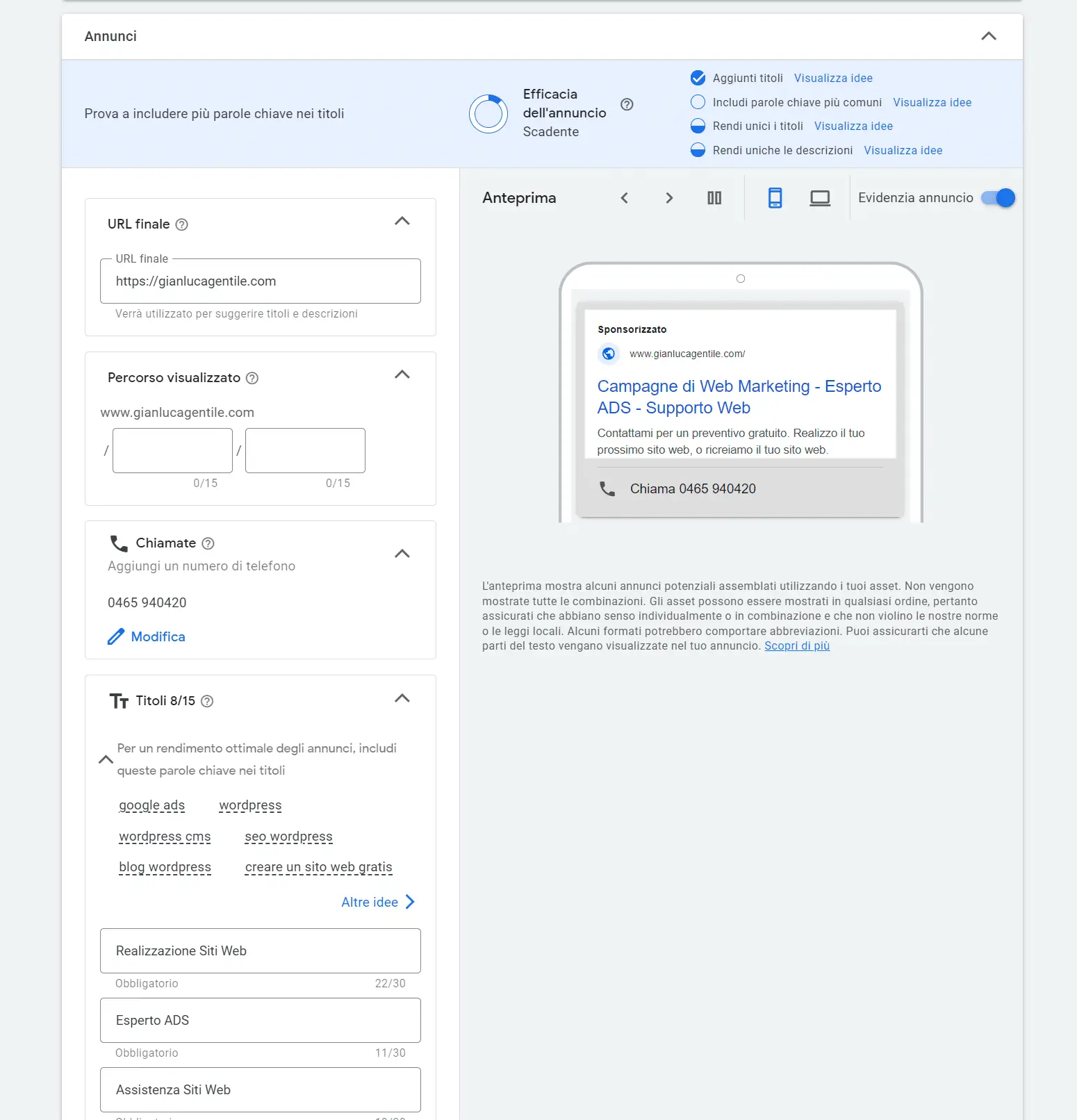 Interfaccia creazione annuncio pubblicitario online.