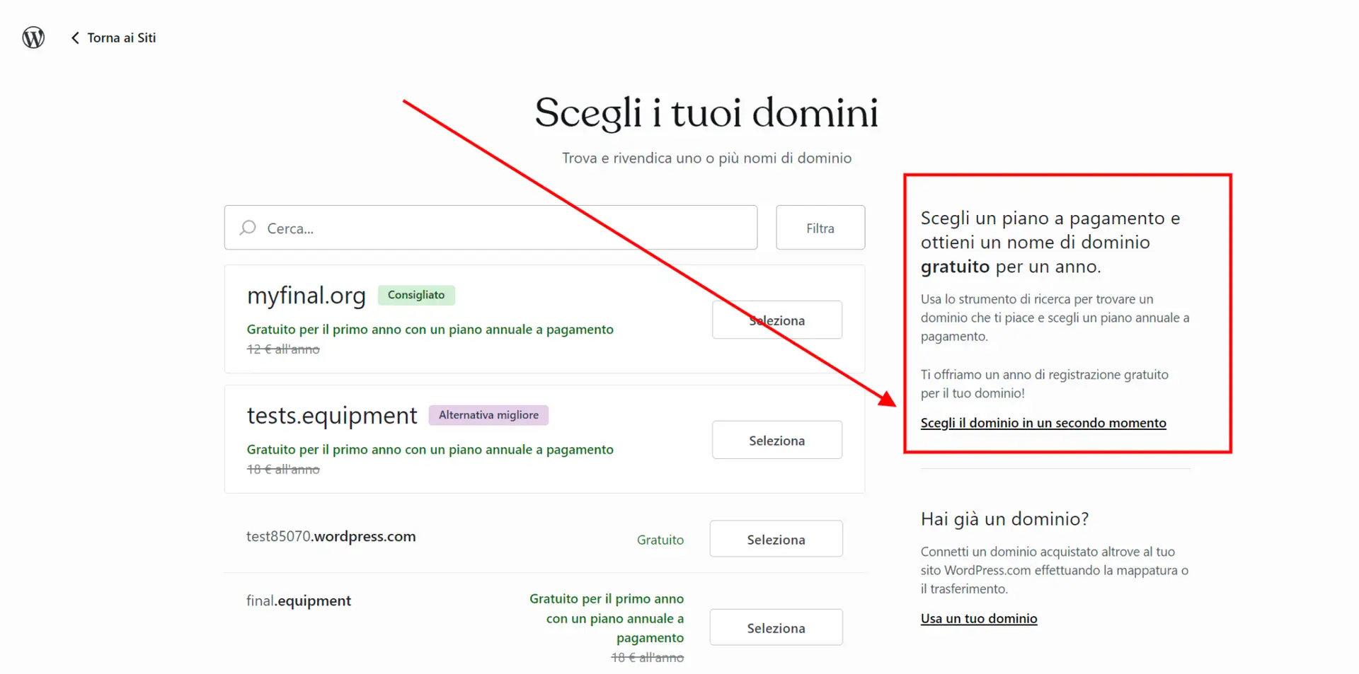 Interfaccia selezione dominio gratuito WordPress.