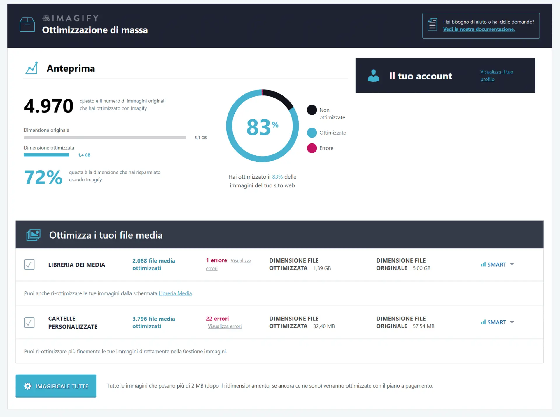 Interfaccia software di ottimizzazione immagini Imagify.