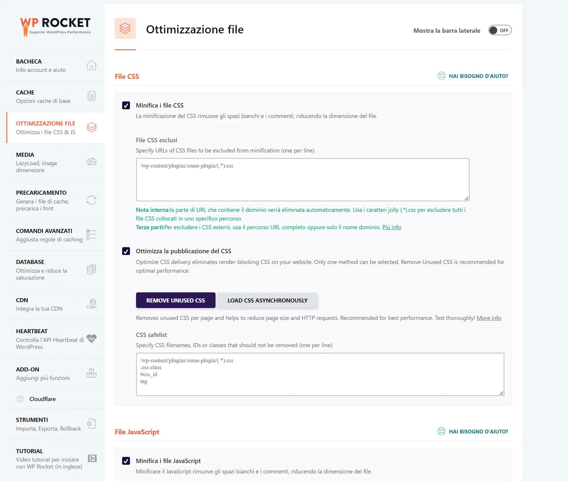 Pannello di controllo ottimizzazione file WP Rocket.