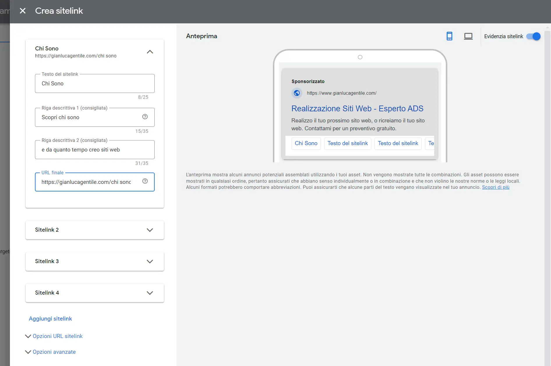 Interfaccia di creazione sitelink per annunci online.