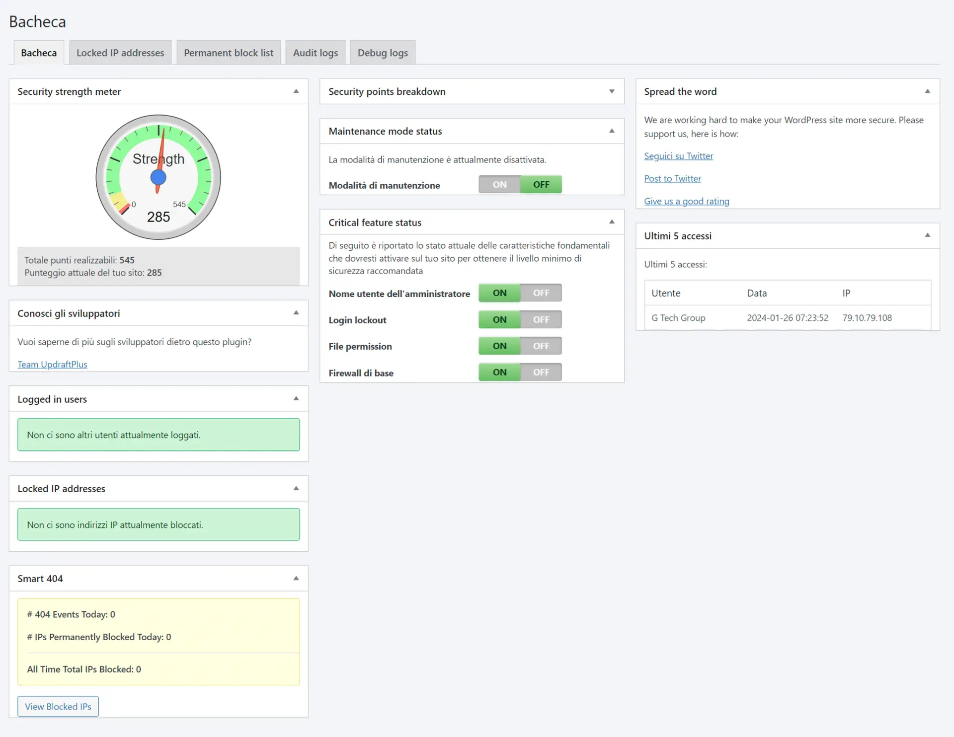 Dashboard di sicurezza WordPress con misuratore forza.