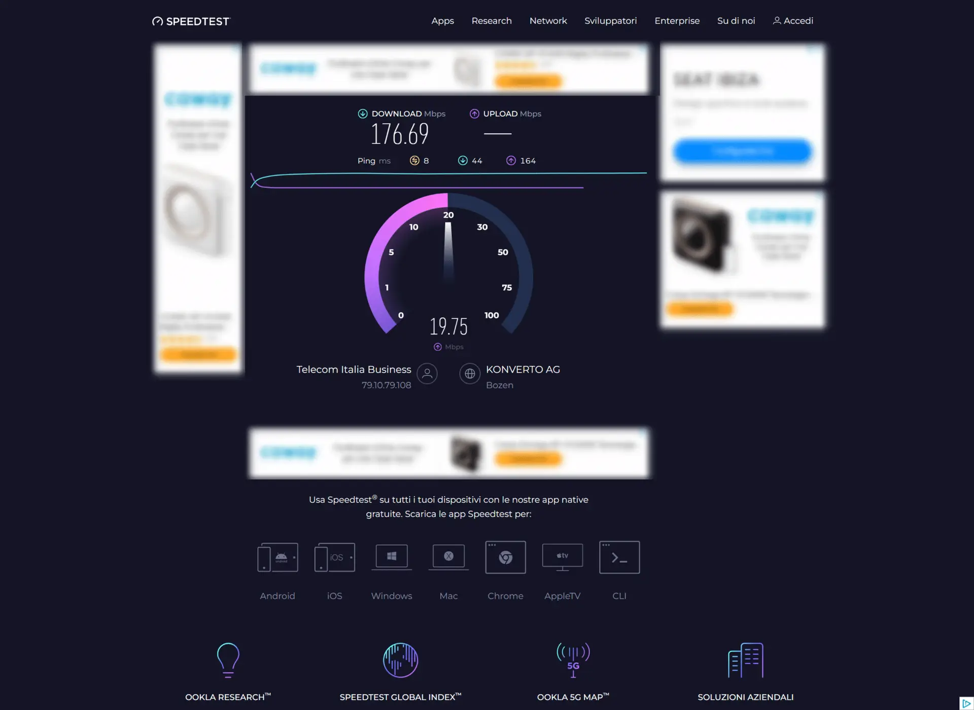 Schermata risultato Speedtest con connessione Telecom Italia.