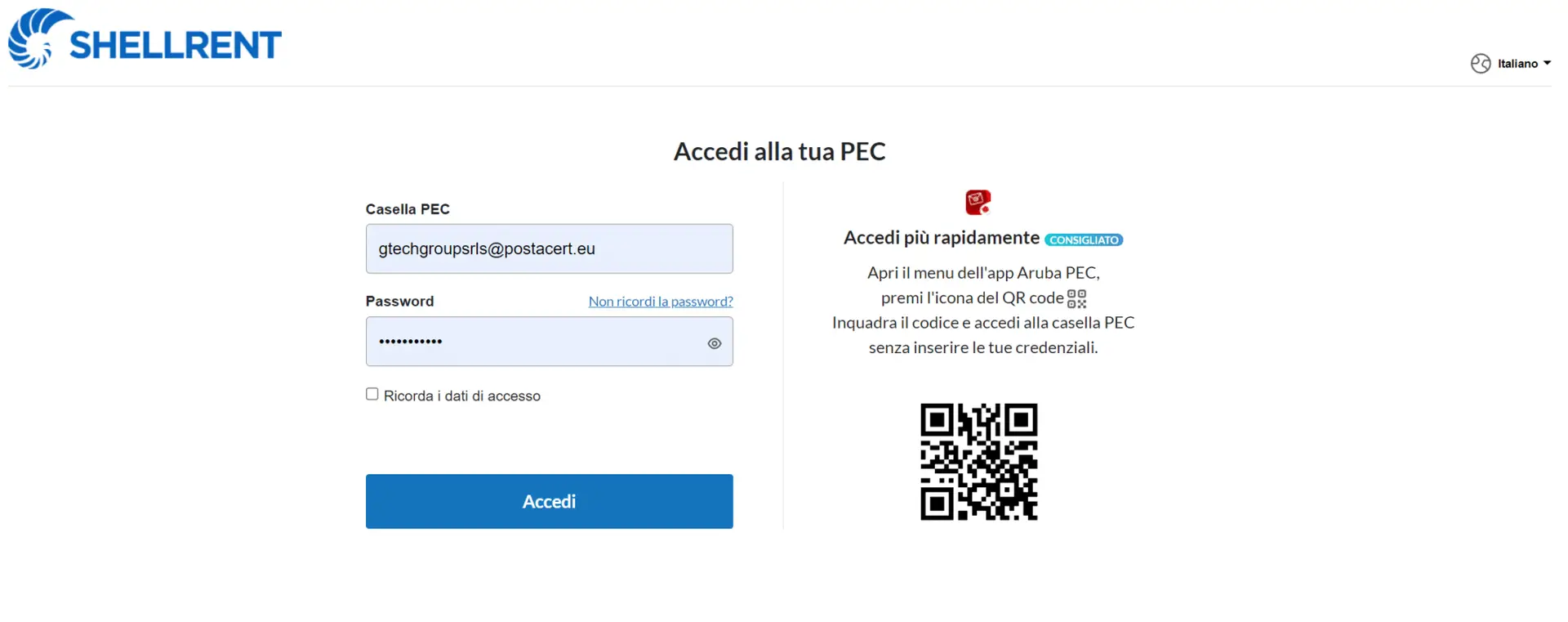 Pagina di login Shellrent con QR code.