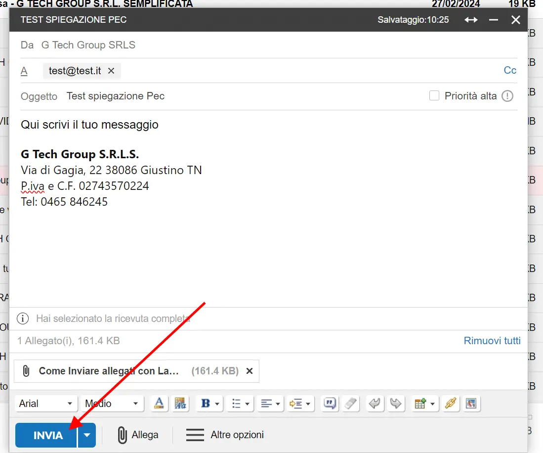 Schermata interfaccia email con tasto 'INVIA' selezionato.
